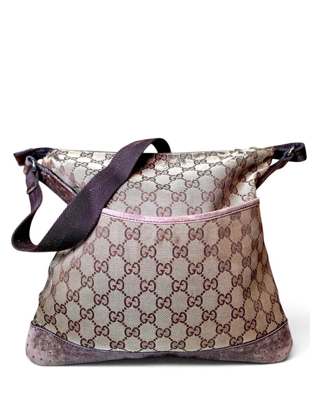 Gucci Beige & Brown GG Canvas Shoulder Bag with Pink Trim